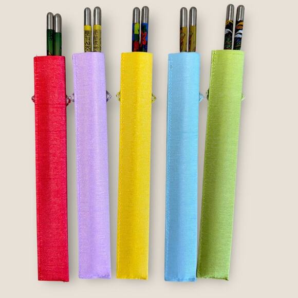 Korean Stainless Chopstick Set of 5 Pairs Painted With Embroidered Holder New - Picture 2 of 8